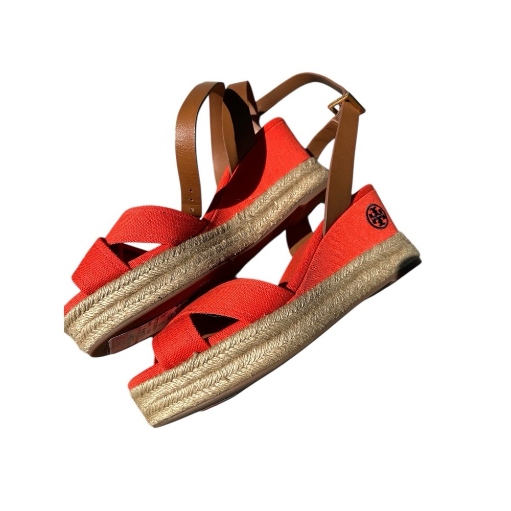 Tory Burch Orange Woven Wedges Espadrilles Leather Strappy